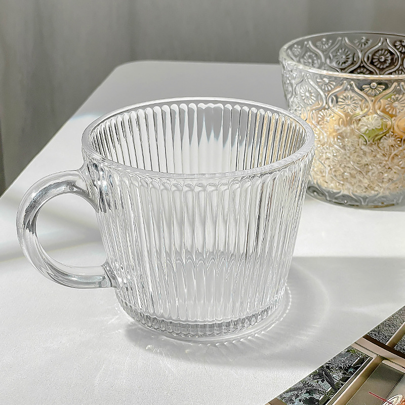 Simple striped milk cup with handle, Ins-style retro iced coffee cup, breakfast oat juice cup Specification drawing