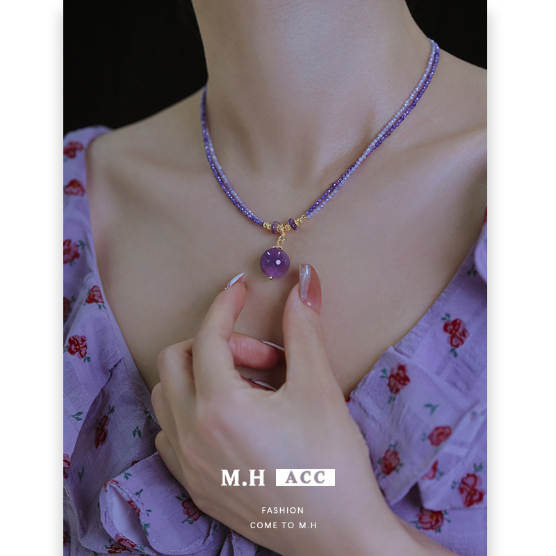 Spring and Summer new double-layered zircon amethyst necklace for women, a retro, romantic, elegant and high-end collarbone necklace details Picture