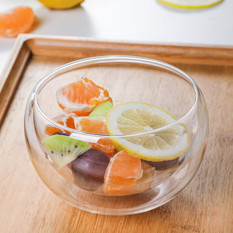 Factory wholesale transparent fruit salad bowls, high borosilicate heat-resistant glass tableware, household breakfast double-layer glass bowls details Picture