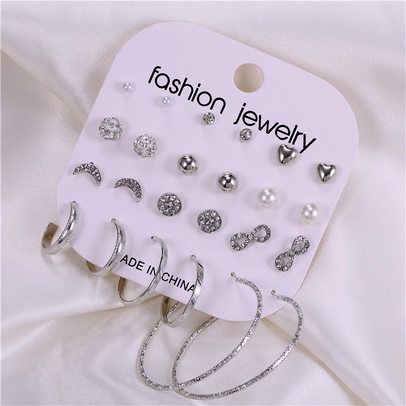 A 12-piece set of creative, retro and simple earrings with rhinestones and exaggerated large, medium and small rings from Europe and America details Picture