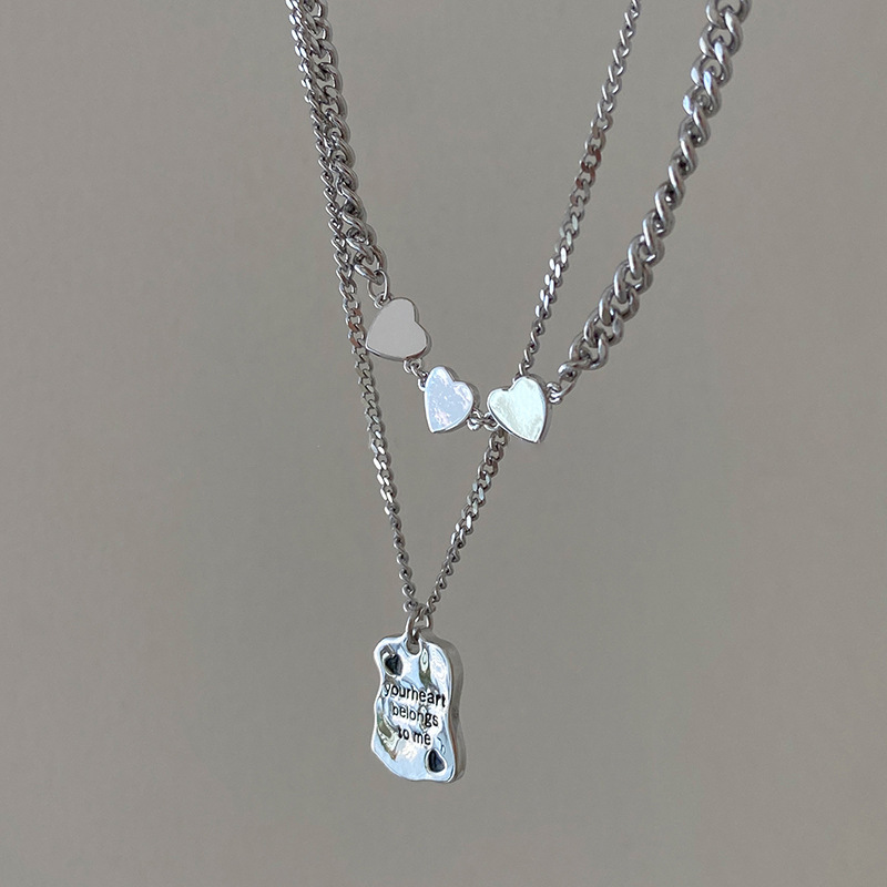Silver double-layer heart-shaped nameplate necklace for women, 2023 new style, niche and elegant sweater chain, ins cold style accessory details Picture