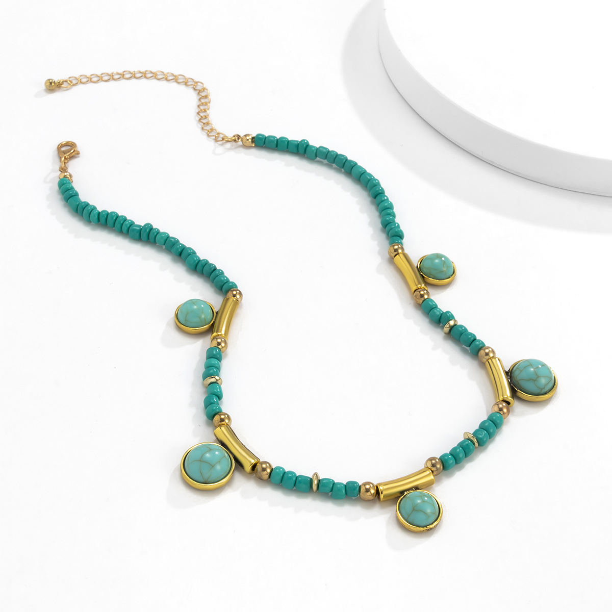 European and American cross-border jewelry, retro patchwork turquoise geometric tassel hanging ball necklace, pastoral mixed and matched round bead chain necklace details Picture