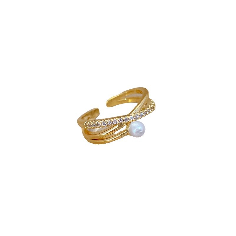 【 Real Gold 】 Cross-pearl full diamond ring with adjustable opening, simple Japanese-style bracelet, couple rings Item Picture