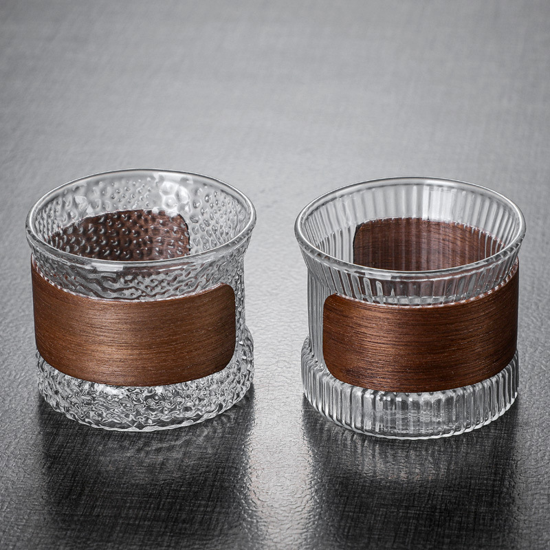 Anti-scald master cup, single cup, glass cup, wooden ring, heat-insulating small tea cup, thickened kung Fu tea cup, tasting cup, tea drinking cup Specification drawing