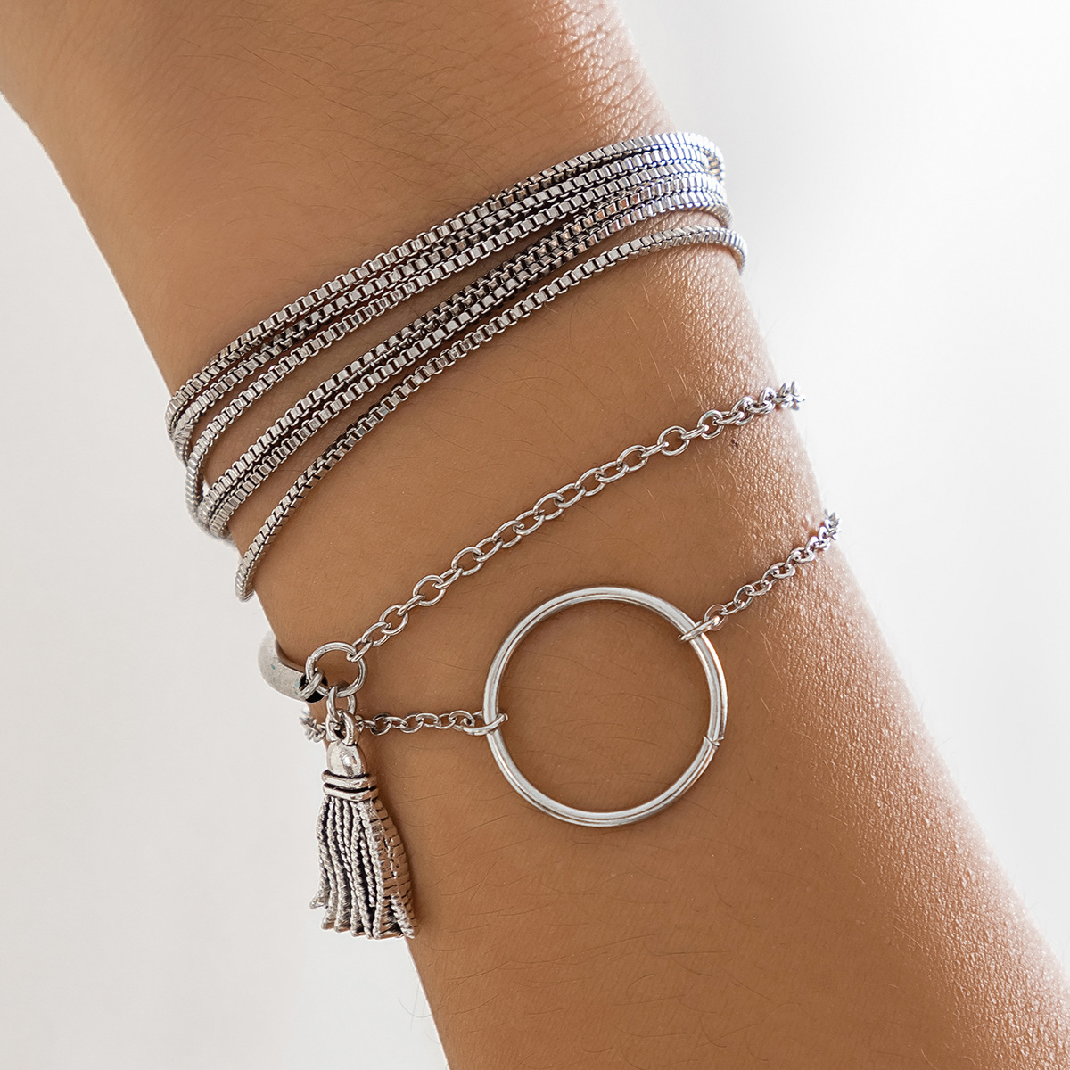 European and American cross-border accessories punk style hip-hop fine chain multi-layer bracelet geometric ring versatile tassel bracelet for women full figure