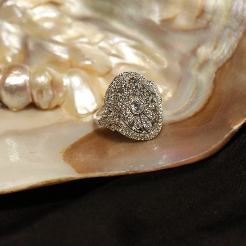 Heavy industry full zirconium Daisy ring for women, 925 silver, high-end, light luxury, retro and niche design, fashionable open index finger ring Item Picture