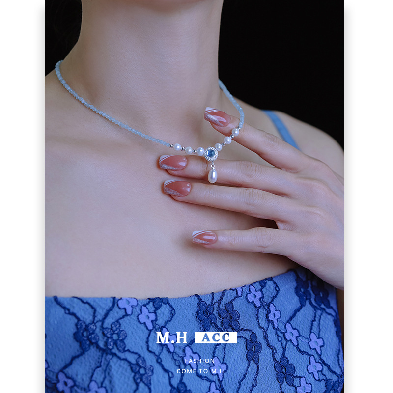French light luxury retro blue freshwater pearl necklace, women's light luxury simple and fresh, versatile pearl pendant collarbone chain Specification drawing