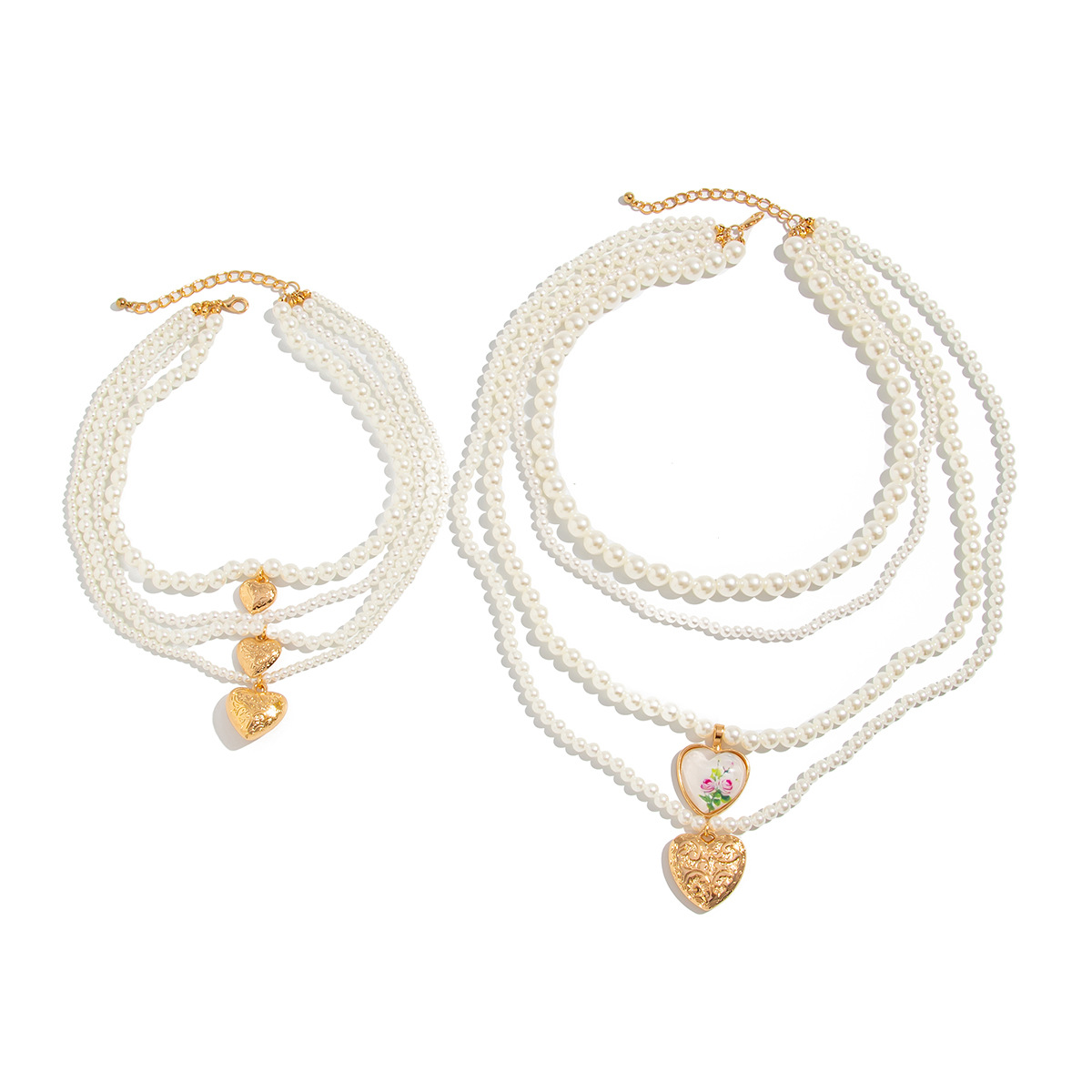 European and American cross-border jewelry, Baroque heart-shaped metal pendant, long necklace, stacked pearl beaded collarbone chain for women Item Picture