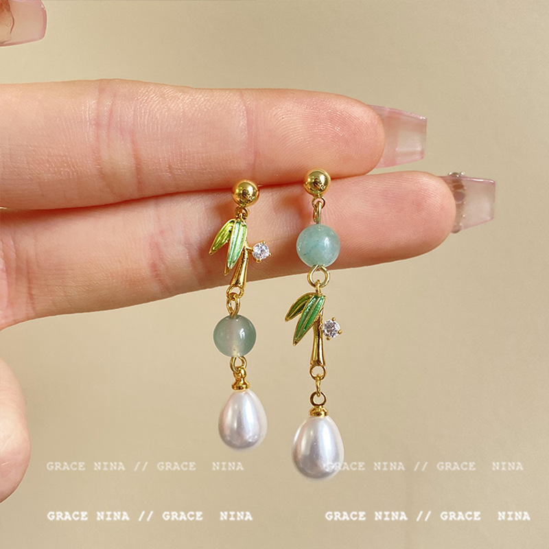 New Chinese-style bamboo leaf tassel pearl stud earrings for women, 2024 new best-selling Chinese-style earrings, high-end ancient-style earrings Specification drawing