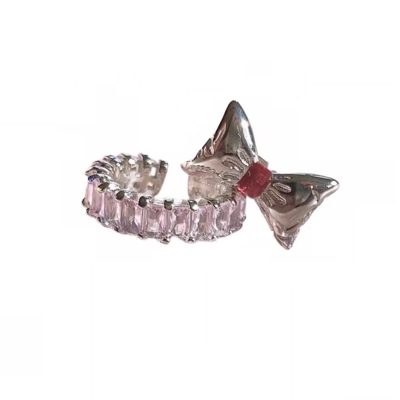Japanese-style pink bow, pink diamond zircon ring with adjustable opening, sugar cube micro-set ring, sweet and trendy feminine jewelry Item Picture