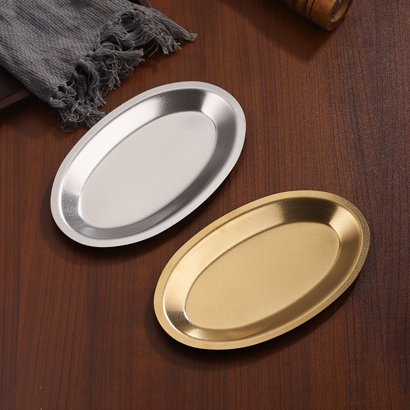 Korean-style stainless steel snow pattern oval plate, golden egg-shaped plate, household fish plate, rice noodle plate, thickened snack fried chicken plate details Picture