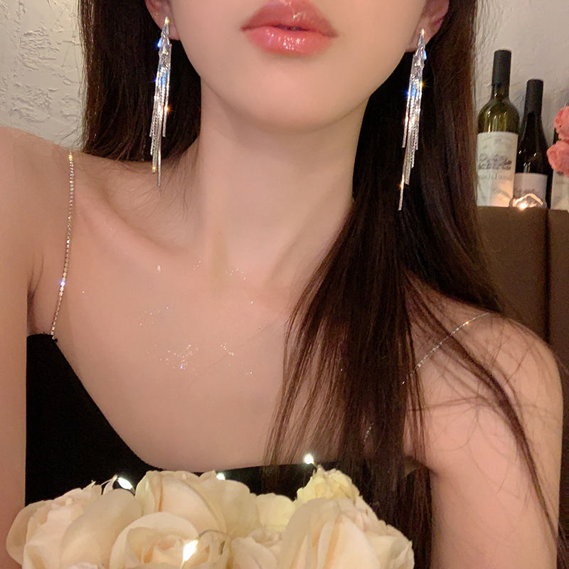Light luxury long tassel earrings with a niche design sense and a high-end feel, exquisite stud earrings, zircon earrings, new 2025 accessories Specification drawing