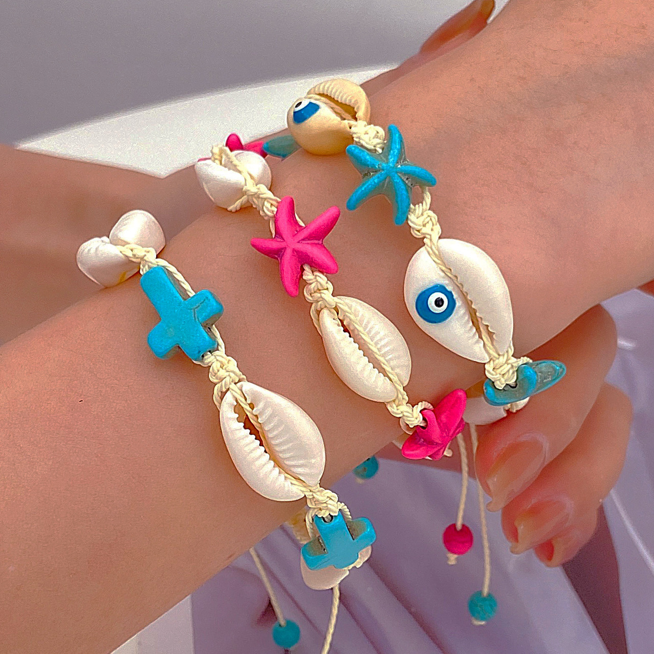 Summer ocean-style cartoon shell jewelry set for women, Bohemian creative woven turtle and starfish necklace bracelet details Picture