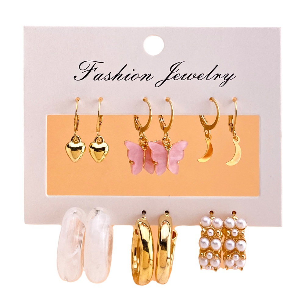 Korean jewelry World Cross-border Ear Ring Retro Pearl Earring Set 6-piece acrylic butterfly pendant earrings HZS2386 Item Picture