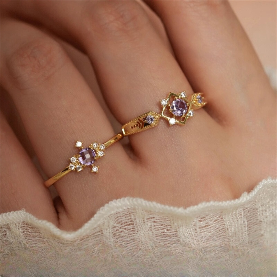 French sparkling purple zircon open ring, a retro, niche, high-end, dreamy, elegant and versatile index finger ring for women full figure