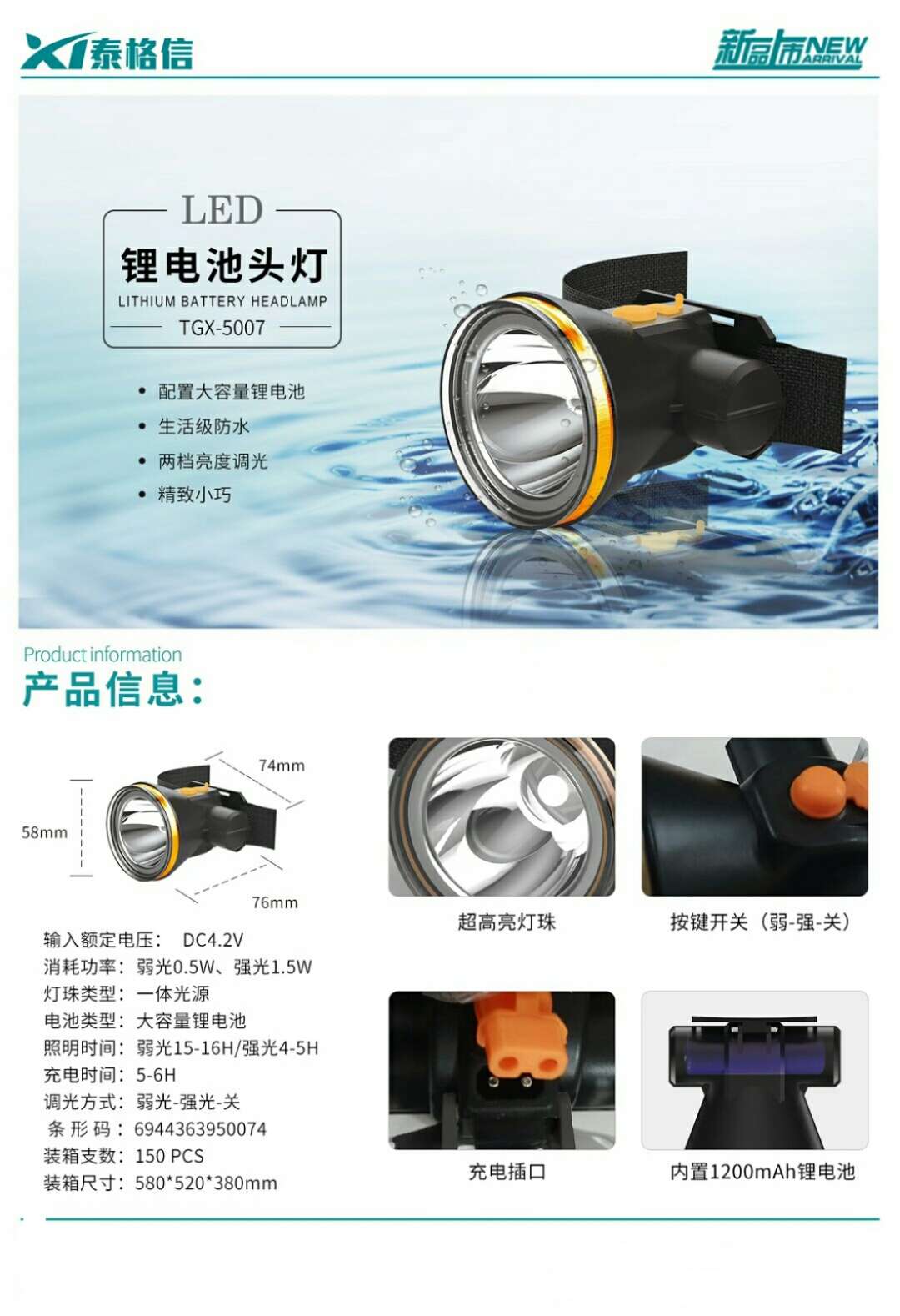 Tegxin Outdoor Camping Mountain Rechargeable multi-functional headlamp TGX-5007 Outdoor rechargeable headlamp details Picture