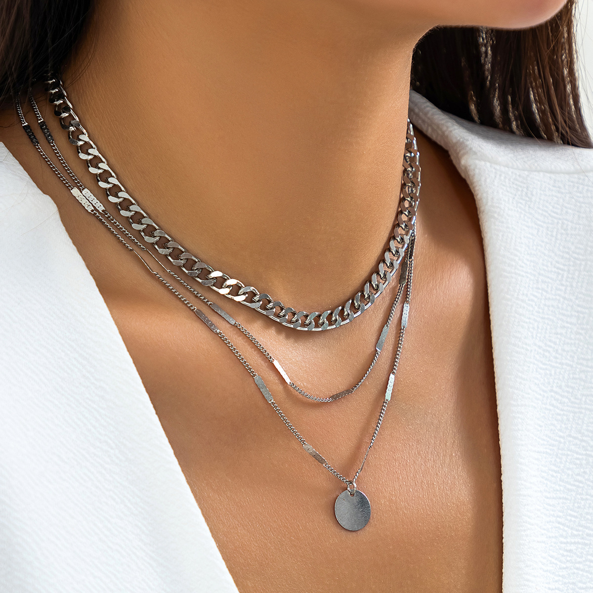 European and American cross-border jewelry multi-layer chain cold style necklace, simple imitation pearl geometric round piece sweet and cool necklace details Picture