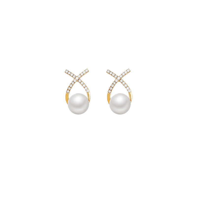 S925 Silver Needle Light Luxury crossed pearl Earrings, women's niche high-end feel, versatile and exquisite diamond-encrusted stud earrings wholesale Item Picture