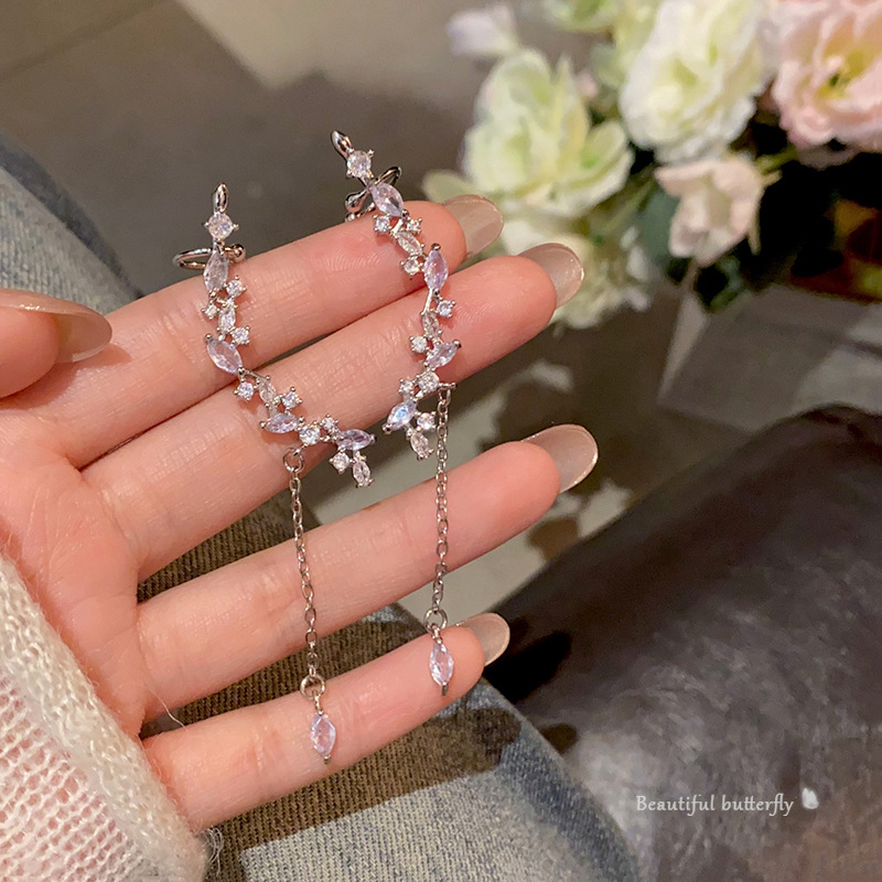 Super ethereal tassel flower earrings, women's forest-style fairy stud earrings, water drop long earrings, ear bone clips, internet-famous earrings full figure