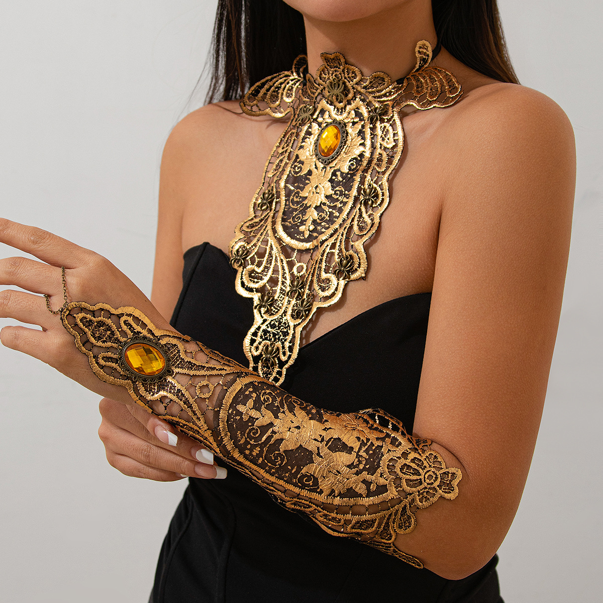 European and American cross-border jewelry, artistic and retro lace trim necklace, irregular gemstone inlaid collarbone chain set Specification drawing