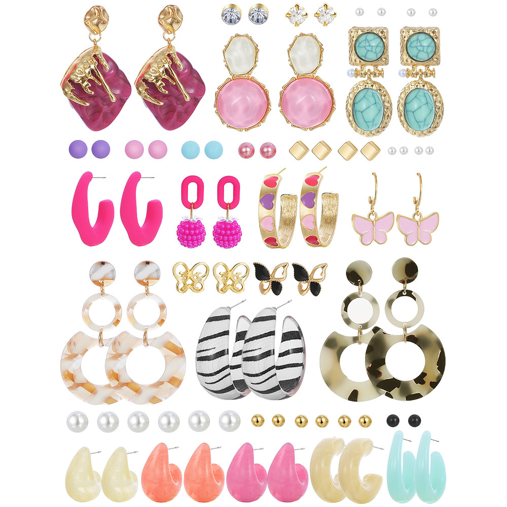 Amazon 36-pair retro alloy butterfly pearl stud earring creative and simple resin resin clip earring set full figure