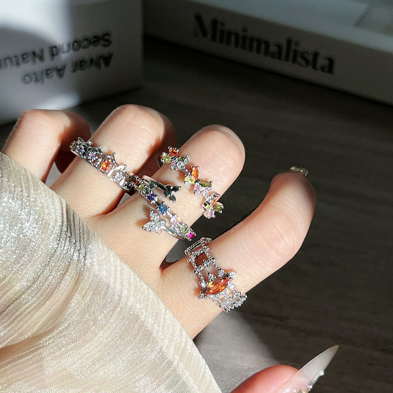 Sweet and cool, simple and colorful diamond butterfly fashion open ring for women, new best-selling, versatile, niche design sense, light luxury ring details Picture