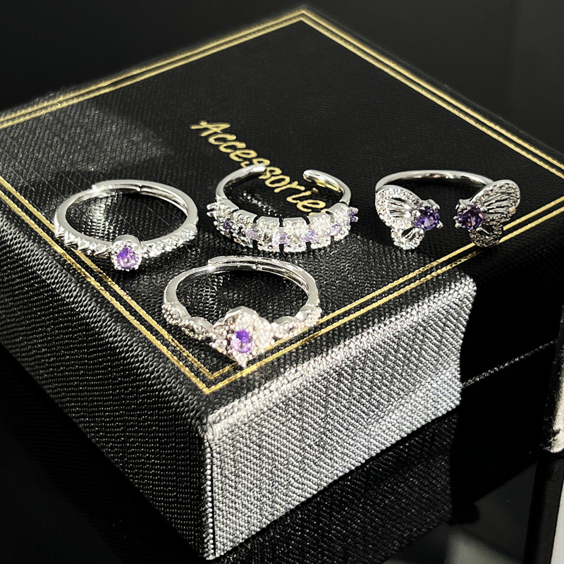 The unique and light luxury autumn and winter atmosphere: purple diamond butterfly geometric opening ring for women on Instagram, cold style, sweet and cool ring trend Specification drawing