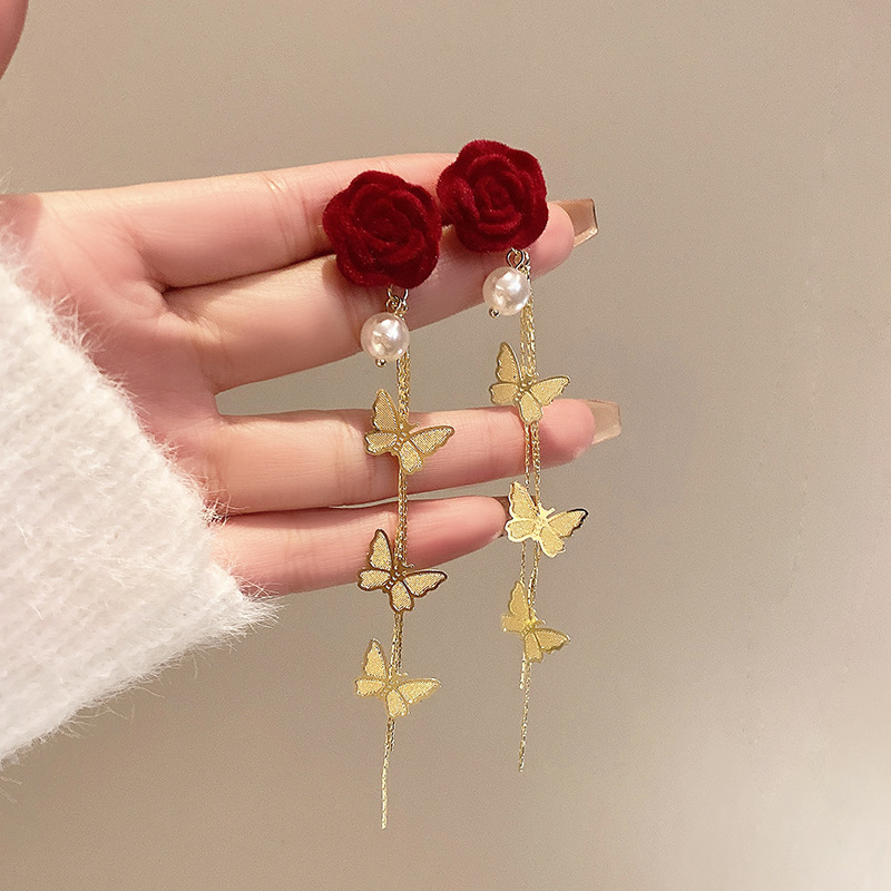 Red flower earrings, long butterfly tassel stud earrings, new autumn and winter women's light luxury and high-end style earrings details Picture