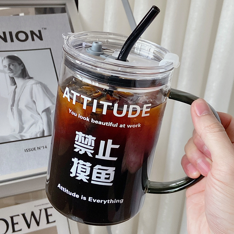 1000ml glass water cup with handle, straw cup, office super-large capacity drinking cup, high-temperature resistant, popular online cup details Picture