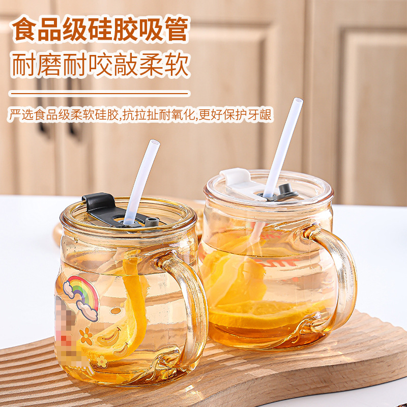 Cartoon glass straw cup with lid handle, office large-capacity water cup, creative sticker, cute coffee cup details Picture