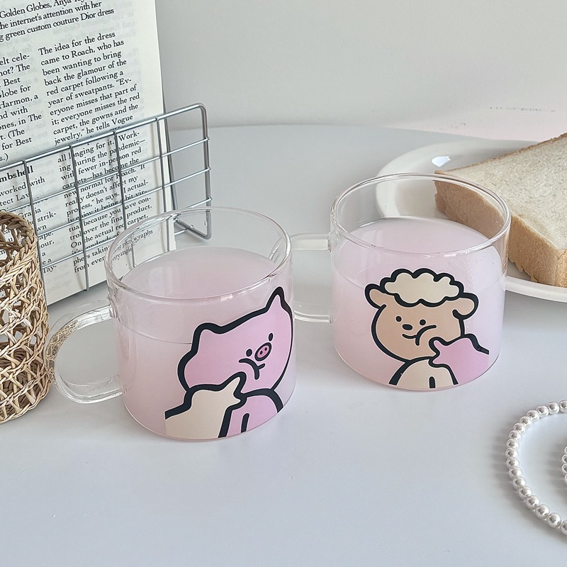 Cute home milk cups, girlish water cups, couple cups, glass cups, high borosilicate cups, heat-resistant coffee cups full figure