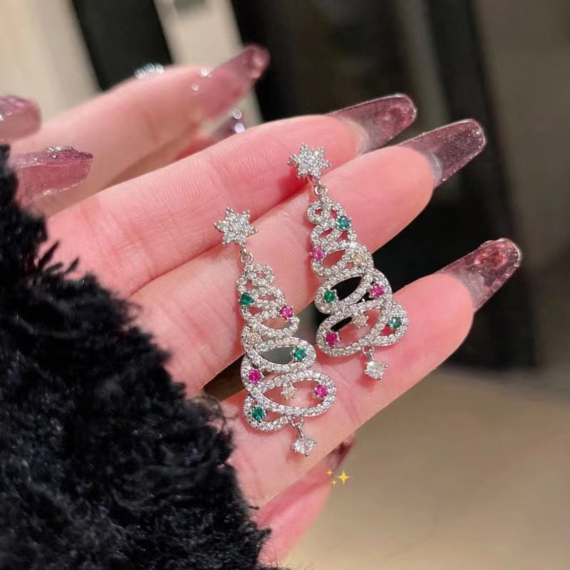 European and American style light luxury colored zircon Christmas tree stud earrings for women, niche design sense exquisite girl earrings 2025 new style full figure