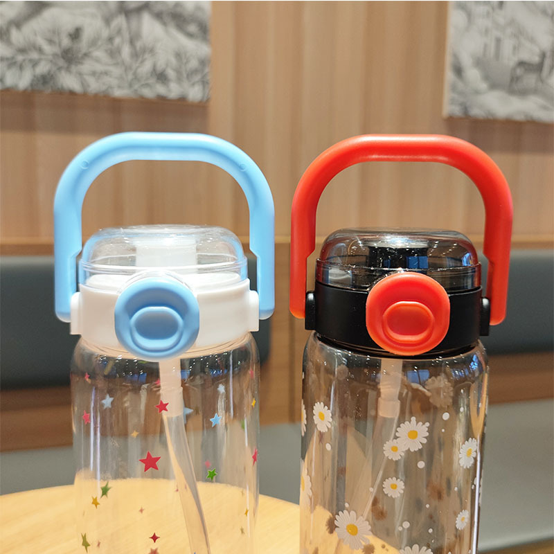 Summer new cross-border fitness water bottle with lock, large-capacity portable handle, transparent straw, plastic water cup details Picture