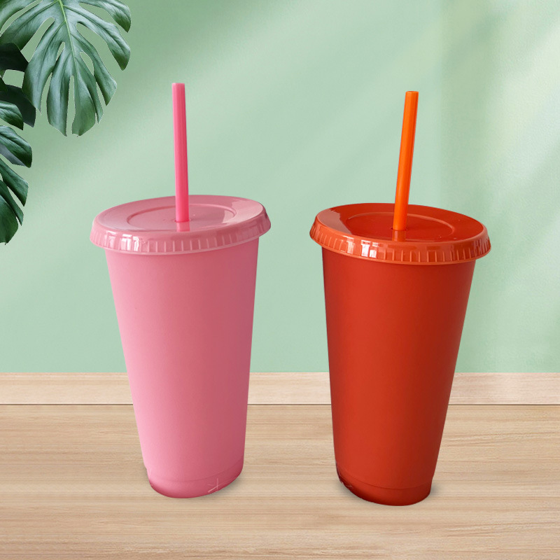 Wholesale solid-color plastic cups with straws, simple, fashionable and individual straw cups for girls, drinking cups 24oz solid-color PP cups Specification drawing