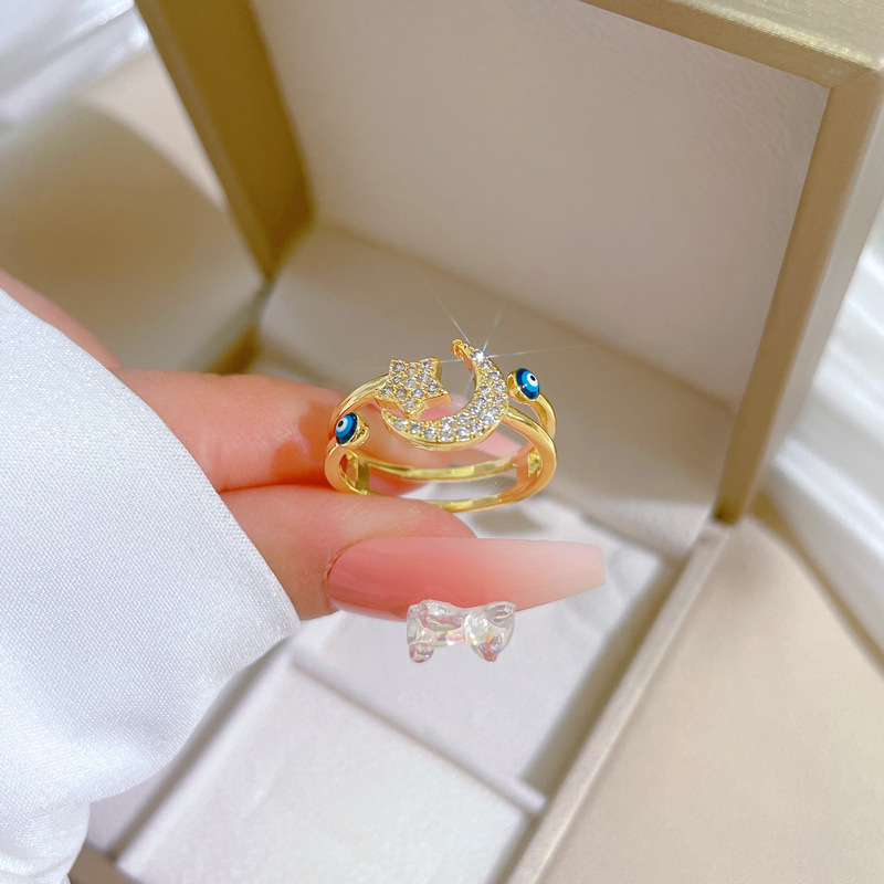 【 Real gold electroplating 】 Open star and moon fashion slightly inlaid light luxury ring index finger ring, the same style as the Internet celebrity, cold style details Picture