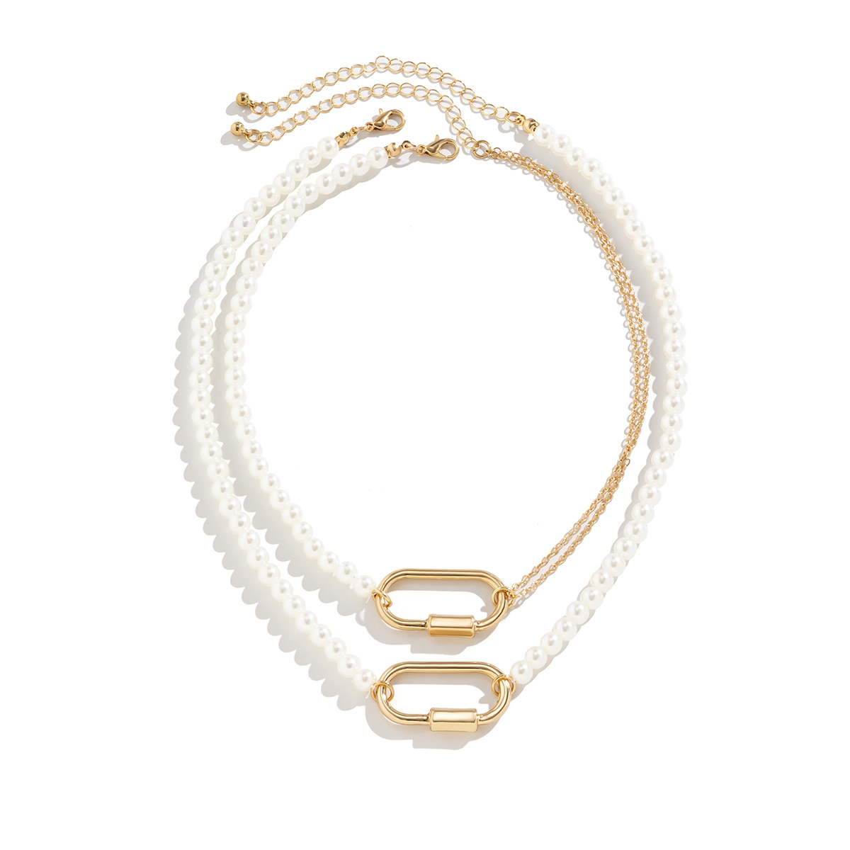 European and American cross-border jewelry, French simple and fashionable double-layer pearl imitation necklace, elegant geometric double-ring beaded necklace Item Picture
