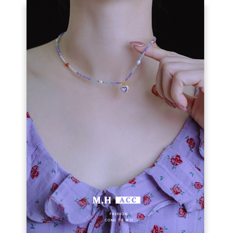 Selected 2025 new amethyst zircon heart-shaped beaded necklace for women, elegant, light luxury, versatile and retro collarbone chain details Picture