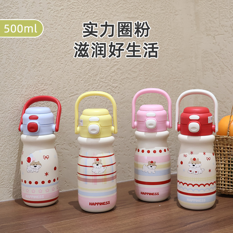 Portable and cute children's water cup, high appearance level, double drinking cup for girls, heat and cold preservation cup, bouncing lid, leak-proof, carrying pot details Picture