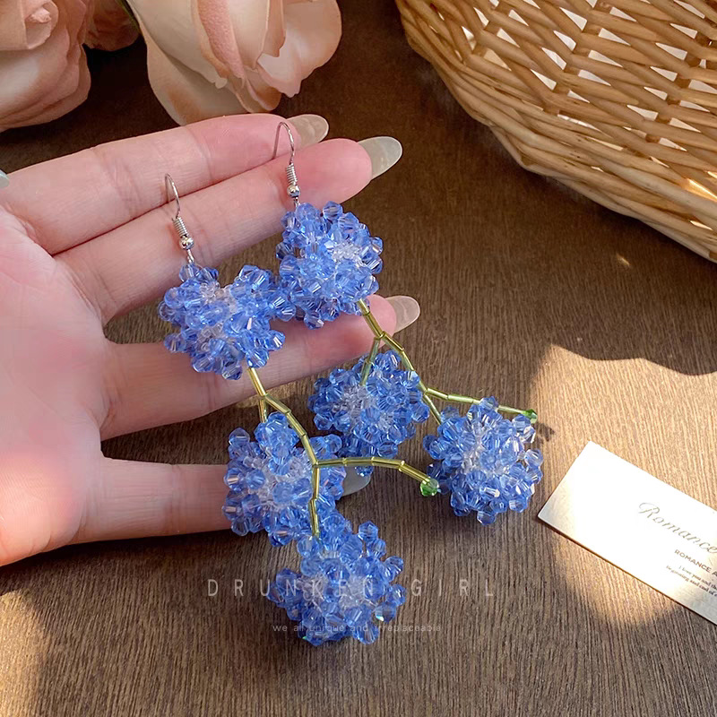 LAN Hua Flawless ~ Blue beaded flower earrings, women's seaside vacation style earrings, high-end look, long tassel stud earrings Specification drawing