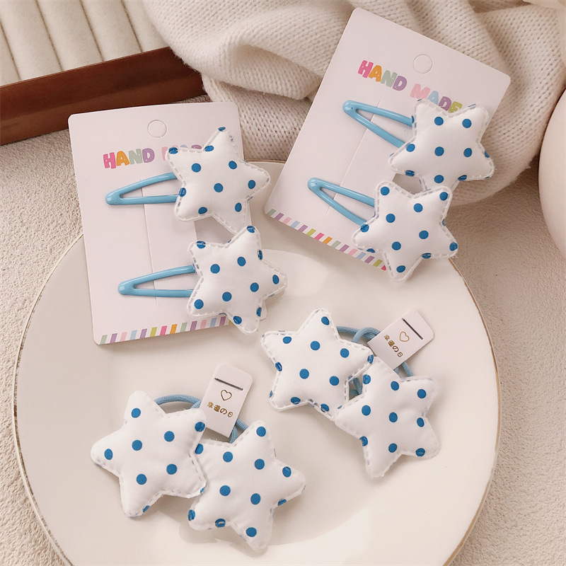 Summer blue polka dot star hair clips, sweet girl ponytail rubber band bb clips, high appearance level bangs clips, children's hair clips full figure