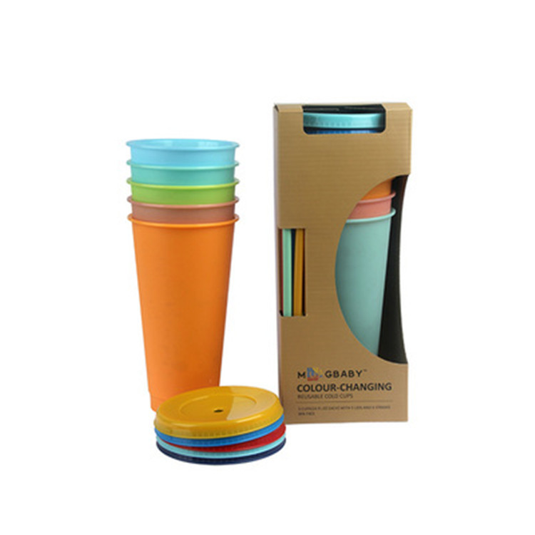 Factory direct supply 710ml single-layer temperature-sensitive plastic color-changing cup, color-changing coffee plastic color-changing straw cup when cooled Item Picture