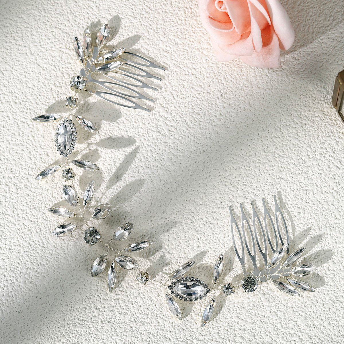 Cross-border bride wedding headwear: Super sparkling water diamond leaf bun, hair comb, beautiful wedding dress and evening gown style, double comb hair band Specification drawing