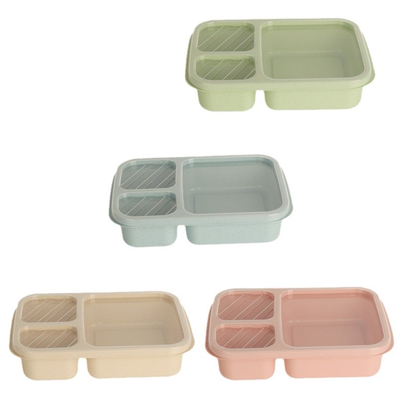 Wholesale of cross-border wheat straw lunch boxes, Japanese large-capacity square three-compartment lunch boxes, and plastic student compartments lunch boxes Item Picture