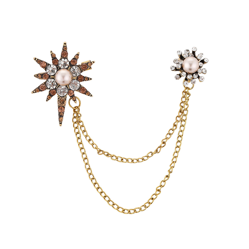 Korean-style retro pearl diamond-encrusted star-studded high-end suit brooch, metal chain tassel, niche design brooch Item Picture