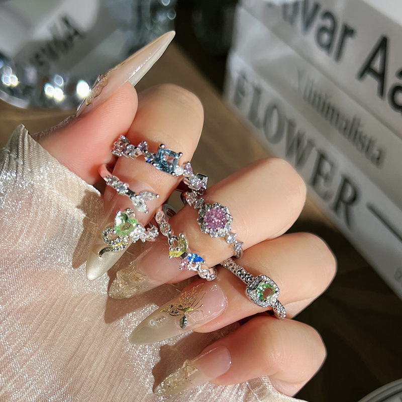 Light luxury Korean-style small cube sugar open ring, women's colored diamond butterfly heart zircon, niche cold style fashionable index finger ring Specification drawing