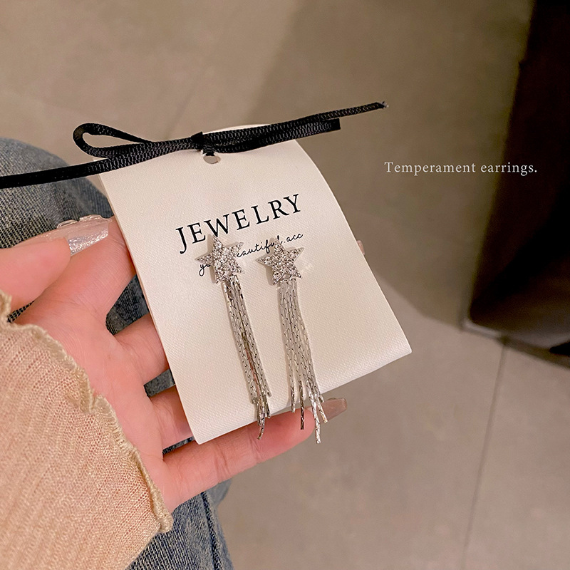 Five-pointed star tassel earrings for women, exquisite micro-inlaid zircon long stud earrings, versatile and high-end best-selling earrings wholesale Specification drawing