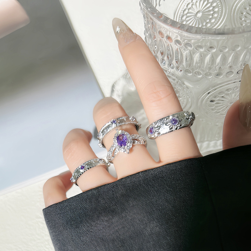 A sweet and cool purple diamond brushed retro and simple adjustable ring for women, with a cold and elegant style and a high-end feel full figure