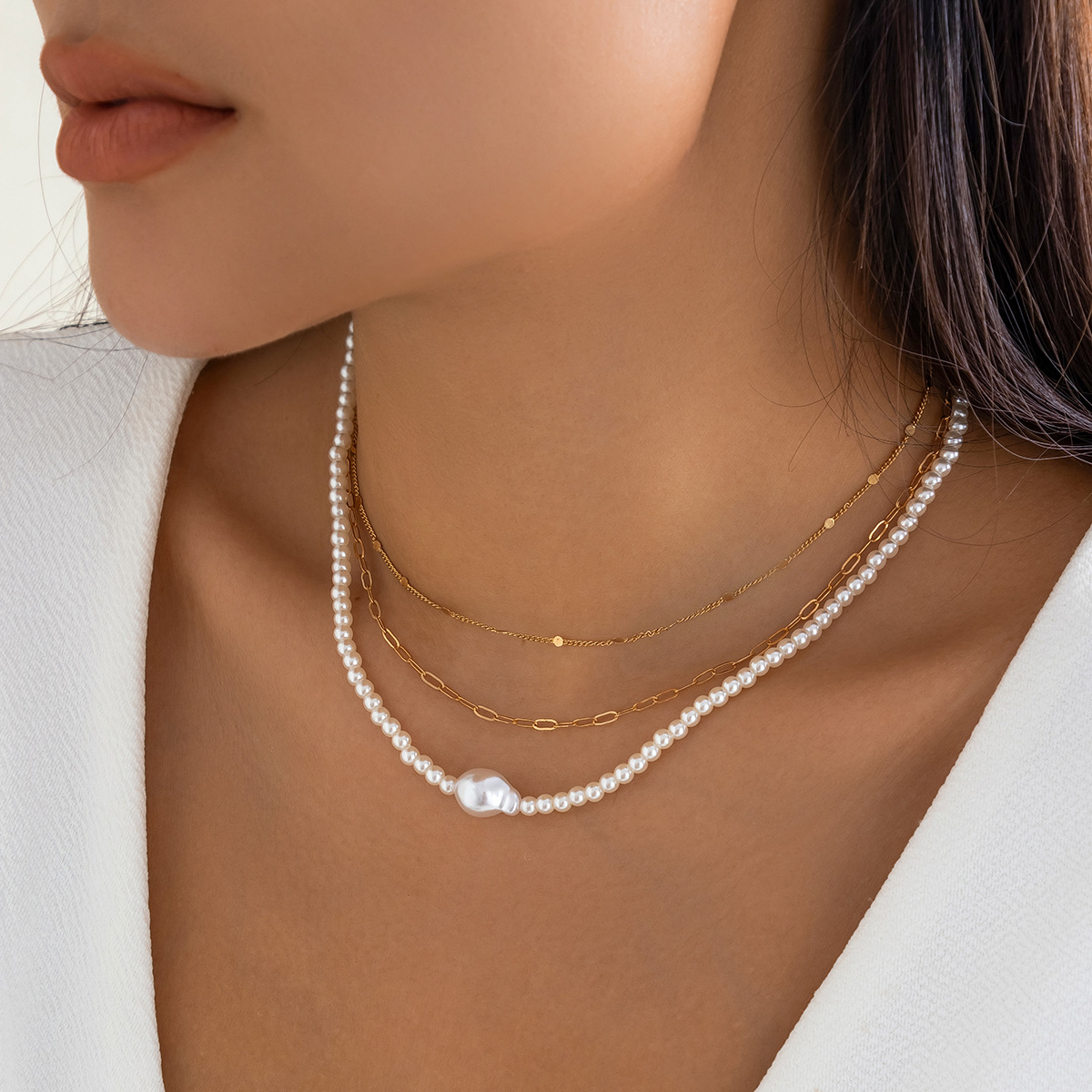 European and American cross-border jewelry simple fine chain imitation pearl necklace for women necklace versatile multi-layer set necklace Specification drawing