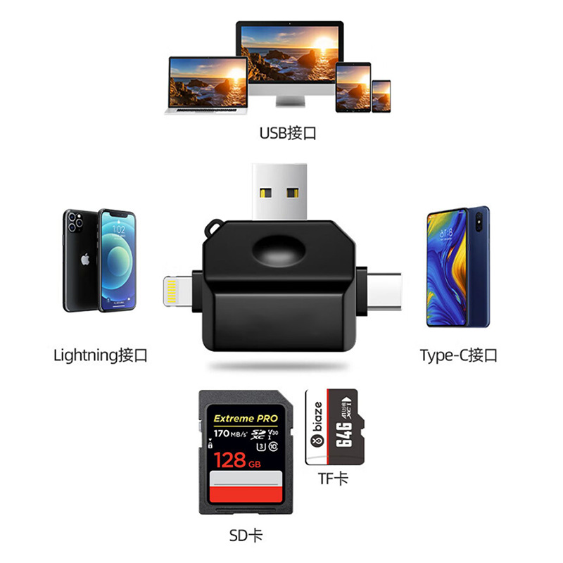 Cross-border private mold five-in-one multi-functional Type-C card reader, computer and mobile phone card reader, tfSDU disk adapter Specification drawing