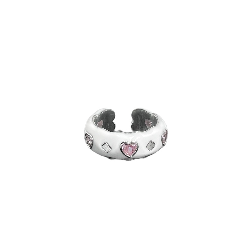 Sweet and cool pink diamond heart-shaped opening ring for women, exquisite, fashionable and trendy style, ins cold style autumn and winter accessory ring Item Picture